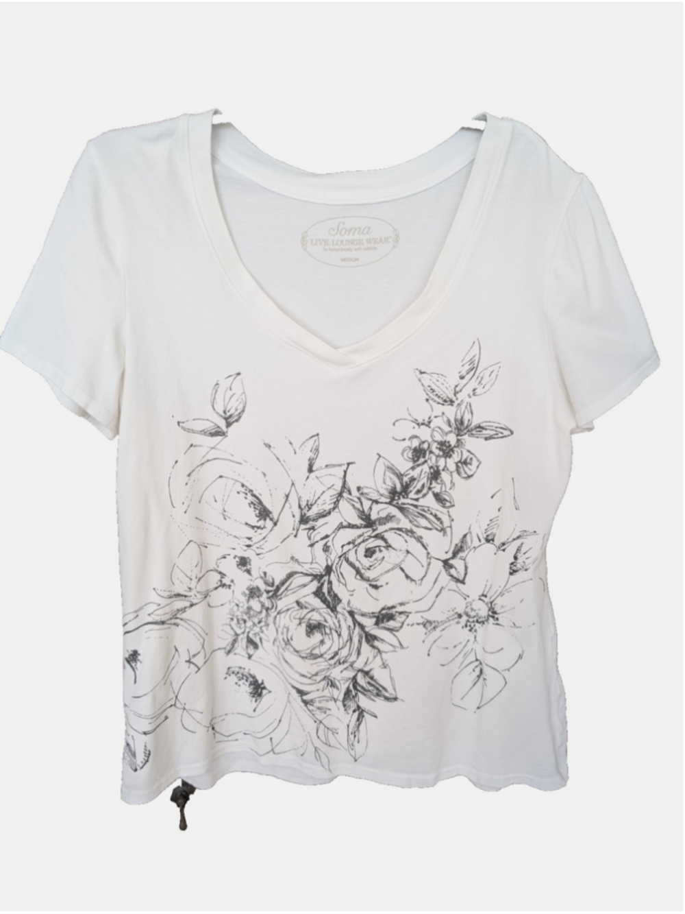 Soma Live Lounge Wear White Floral V-Neck Short Sleeve T-Shirt Medium